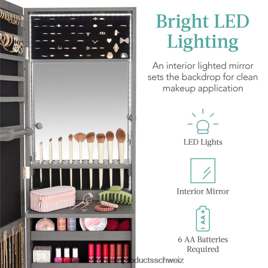 Best Choice Products Tür-/Wandmontagespiegel, Schmuckschrank, Schrank mit Innenspiegel und LED-Leuchten graue Eiche 2JD022606