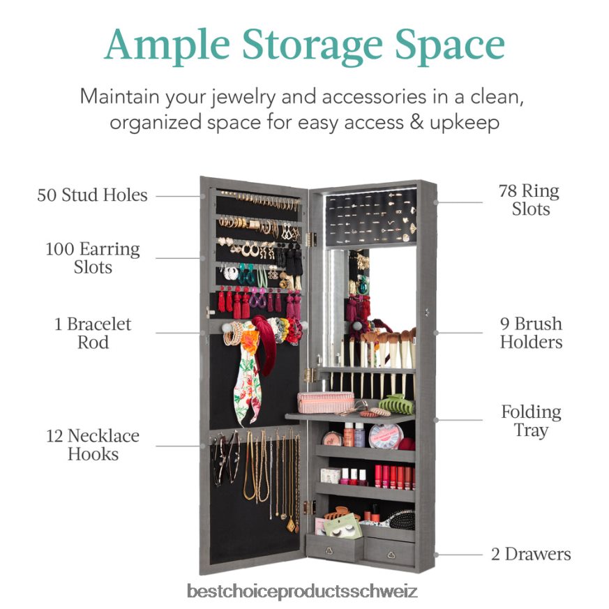 Best Choice Products Tür-/Wandmontagespiegel, Schmuckschrank, Schrank mit Innenspiegel und LED-Leuchten graue Eiche 2JD022606