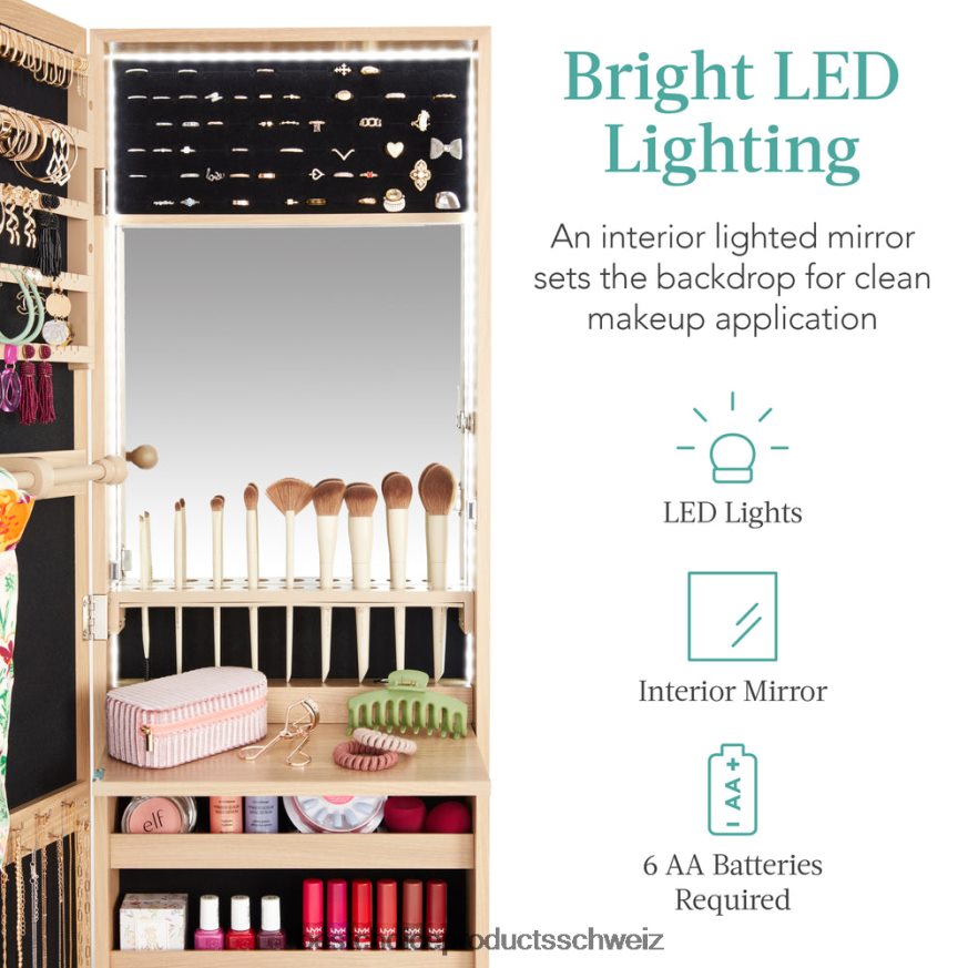 Best Choice Products Tür-/Wandmontagespiegel, Schmuckschrank, Schrank mit Innenspiegel und LED-Leuchten natürliche Eiche 2JD022607