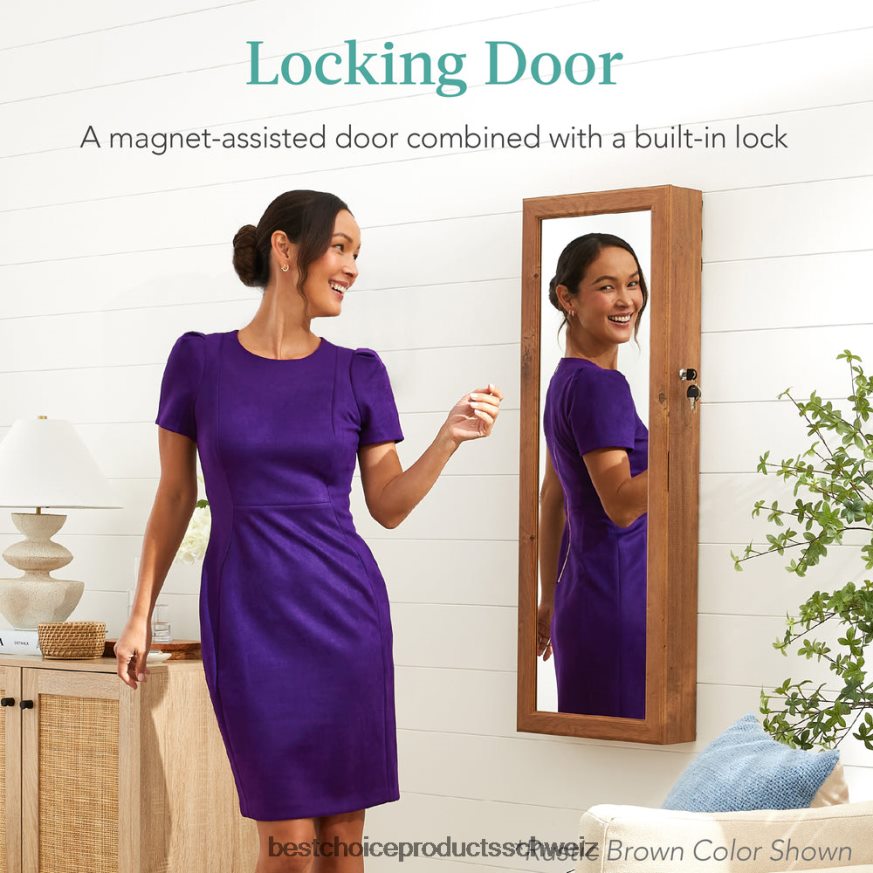 Best Choice Products Tür-/Wandmontagespiegel, Schmuckschrank, Schrank mit Innenspiegel und LED-Leuchten natürliche Eiche 2JD022607