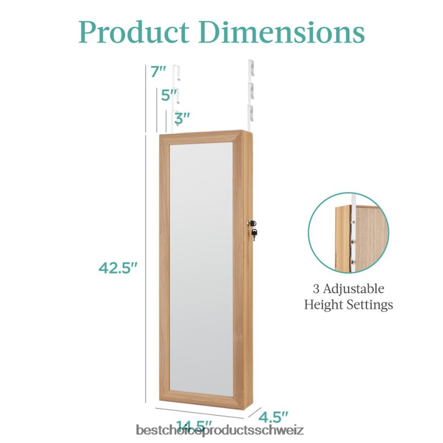 Best Choice Products Tür-/Wandmontagespiegel, Schmuckschrank, Schrank mit Innenspiegel und LED-Leuchten natürliche Eiche 2JD022607