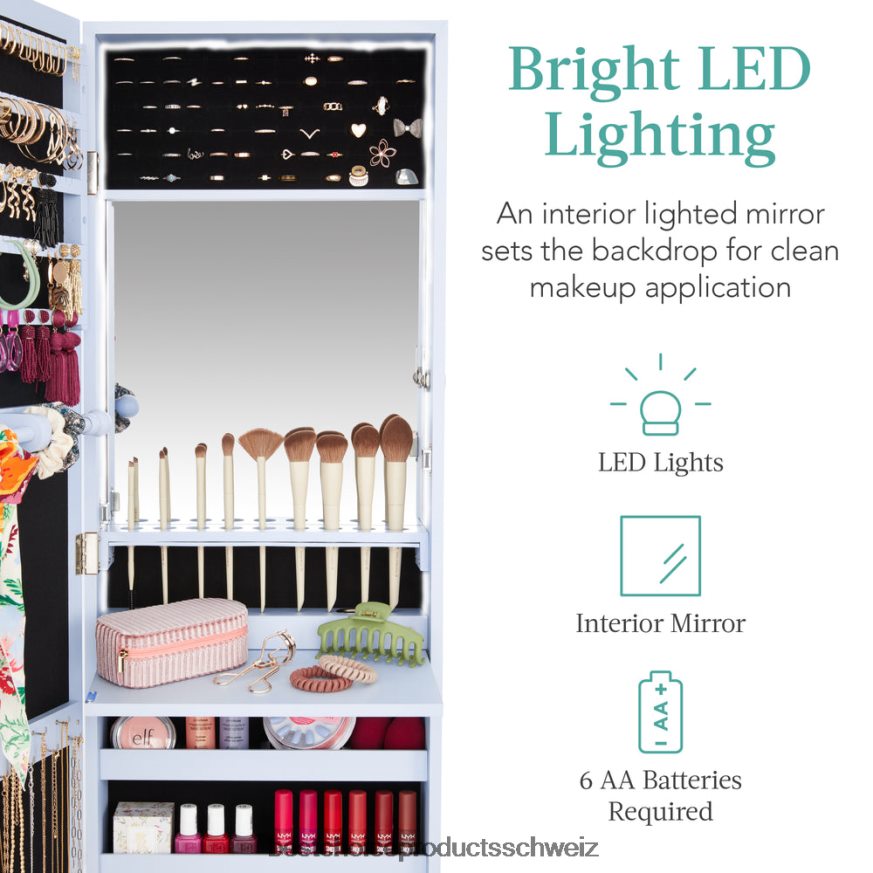 Best Choice Products Tür-/Wandmontagespiegel, Schmuckschrank, Schrank mit Innenspiegel und LED-Leuchten puderblau 2JD022600