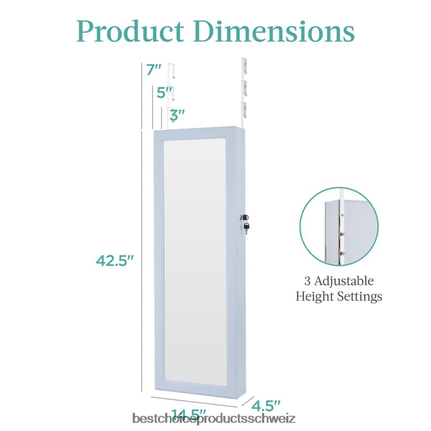 Best Choice Products Tür-/Wandmontagespiegel, Schmuckschrank, Schrank mit Innenspiegel und LED-Leuchten puderblau 2JD022600