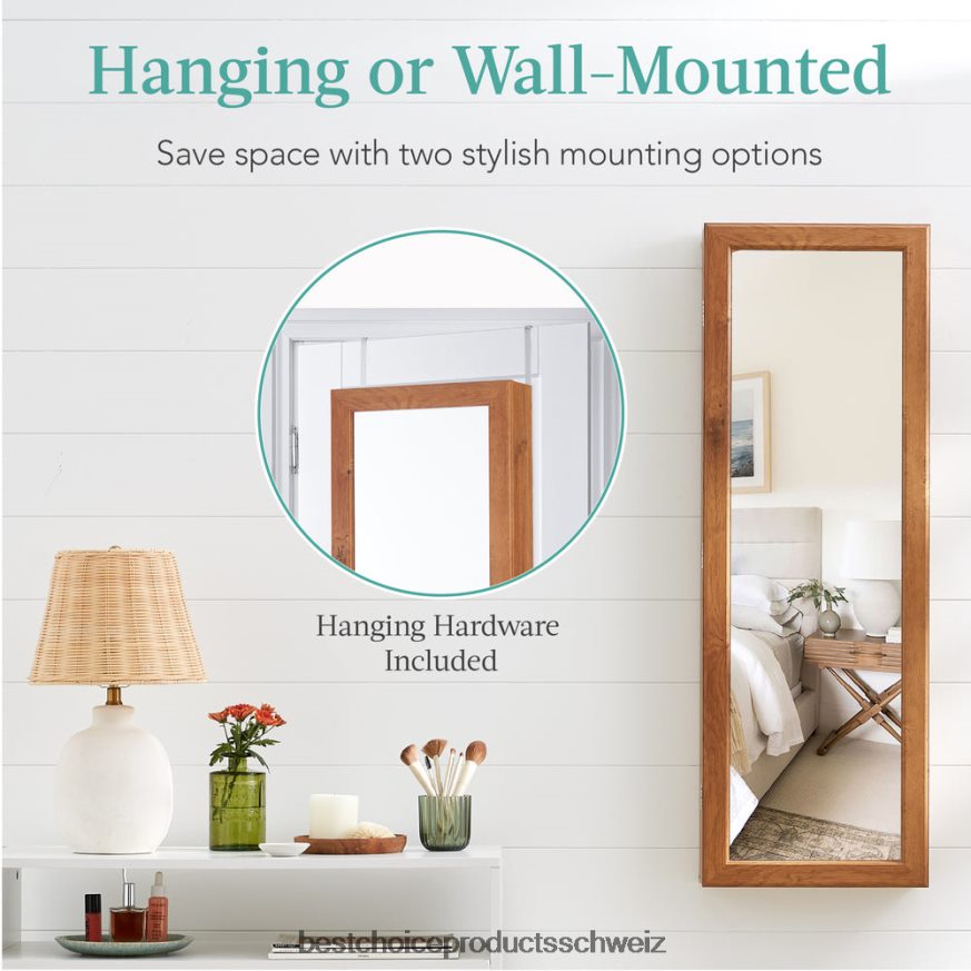 Best Choice Products Tür-/Wandmontagespiegel, Schmuckschrank, Schrank mit Innenspiegel und LED-Leuchten rustikales Braun 2JD022601