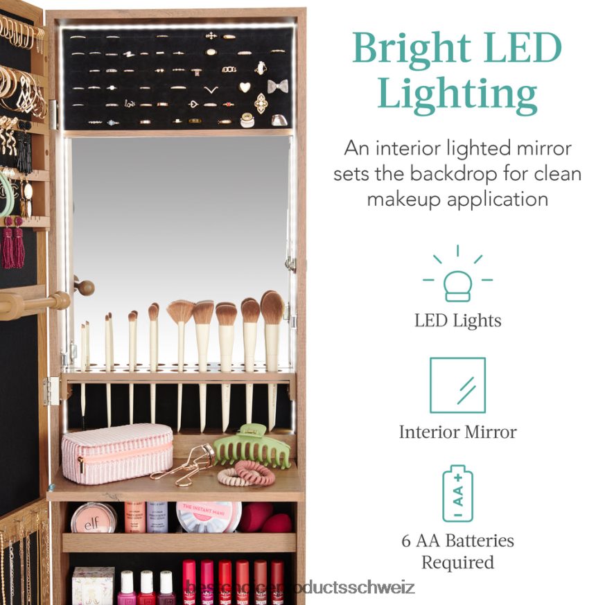 Best Choice Products Tür-/Wandmontagespiegel, Schmuckschrank, Schrank mit Innenspiegel und LED-Leuchten rustikales Braun 2JD022601