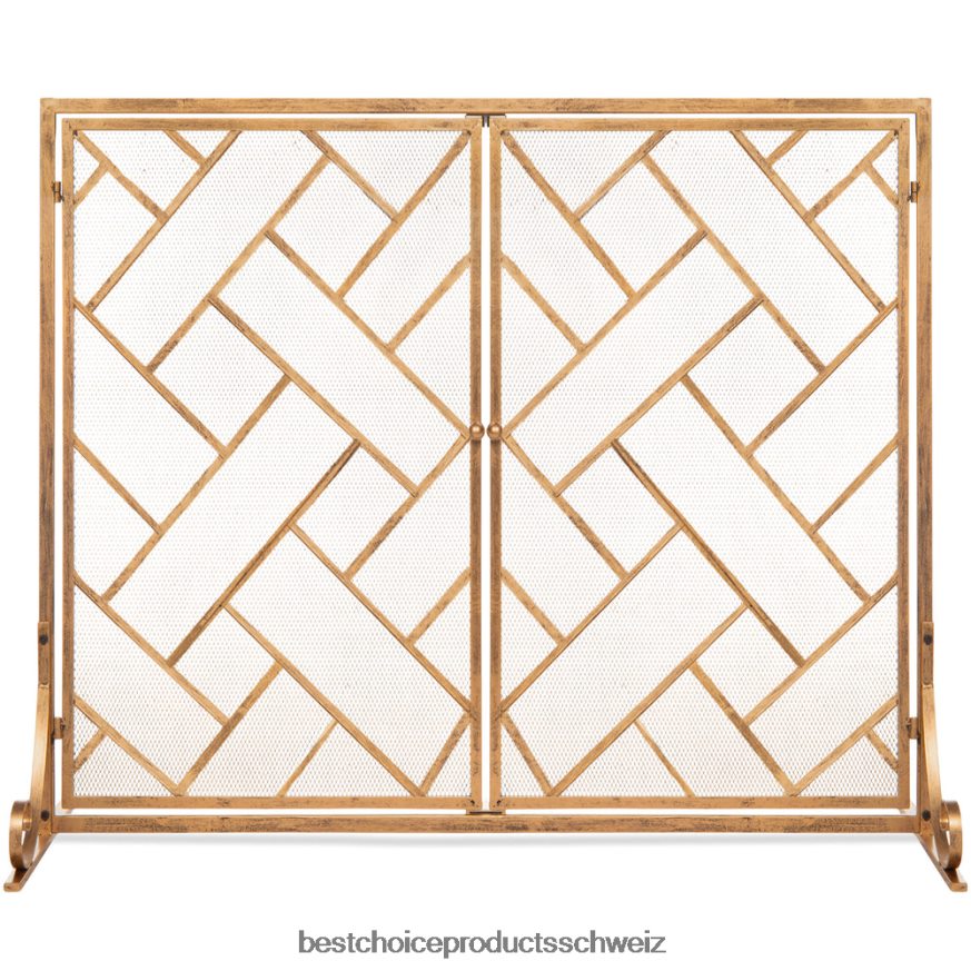 Best Choice Products 2-teiliger geometrischer Kaminschirm aus Schmiedeeisen mit magnetischen Türen Gold 2JD022714