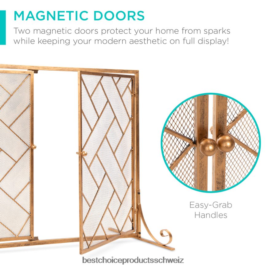 Best Choice Products 2-teiliger geometrischer Kaminschirm aus Schmiedeeisen mit magnetischen Türen Gold 2JD022714