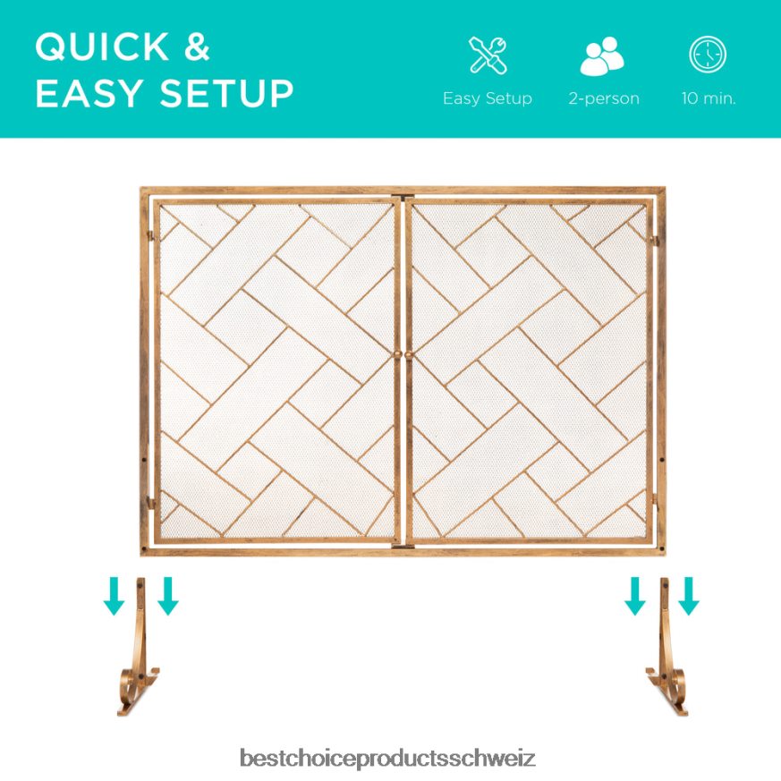 Best Choice Products 2-teiliger geometrischer Kaminschirm aus Schmiedeeisen mit magnetischen Türen Gold 2JD022714