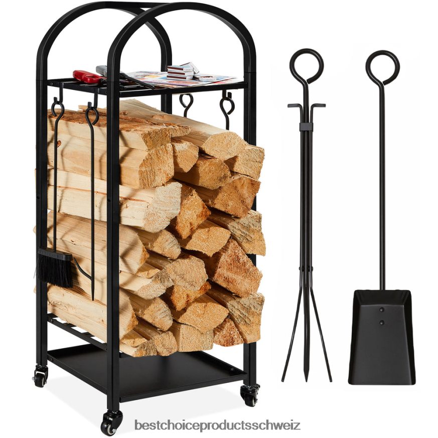 Best Choice Products 3-stöckiger Kaminholzständer aus Schmiedeeisen mit 4-teiligem Werkzeugset und Rädern Schwarz 2JD022342