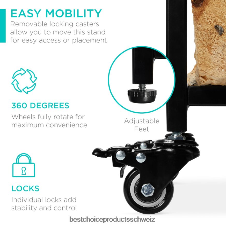 Best Choice Products 3-stöckiger Kaminholzständer aus Schmiedeeisen mit 4-teiligem Werkzeugset und Rädern Schwarz 2JD022342