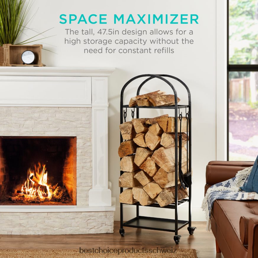 Best Choice Products 3-stöckiger Kaminholzständer aus Schmiedeeisen mit 4-teiligem Werkzeugset und Rädern Schwarz 2JD022342