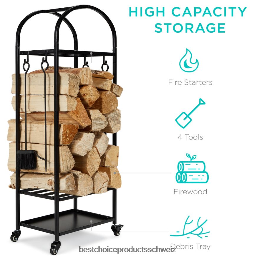 Best Choice Products 3-stöckiger Kaminholzständer aus Schmiedeeisen mit 4-teiligem Werkzeugset und Rädern Schwarz 2JD022342