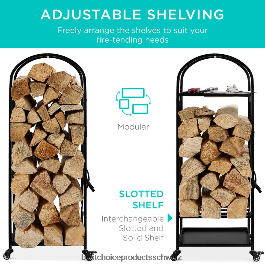 Best Choice Products 3-stöckiger Kaminholzständer aus Schmiedeeisen mit 4-teiligem Werkzeugset und Rädern Schwarz 2JD022342