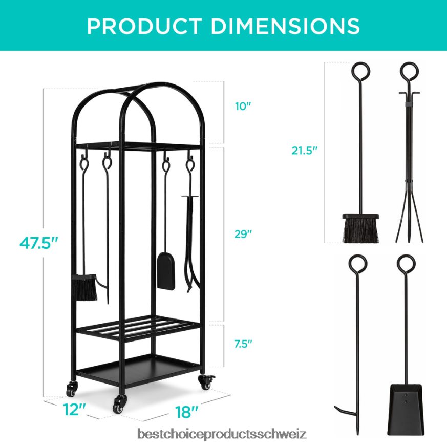 Best Choice Products 3-stöckiger Kaminholzständer aus Schmiedeeisen mit 4-teiligem Werkzeugset und Rädern Schwarz 2JD022342