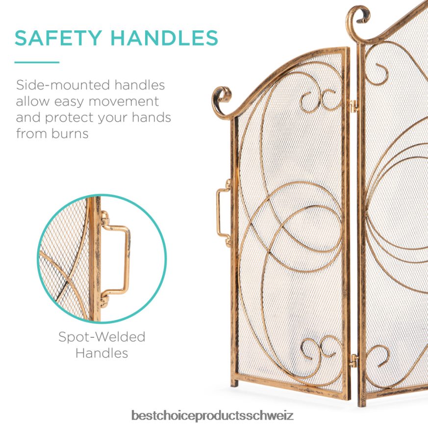 Best Choice Products 3-teilige Kaminschutzabdeckung aus schmiedeeisernem Metall mit Scroll-Design Gold 2JD0221265