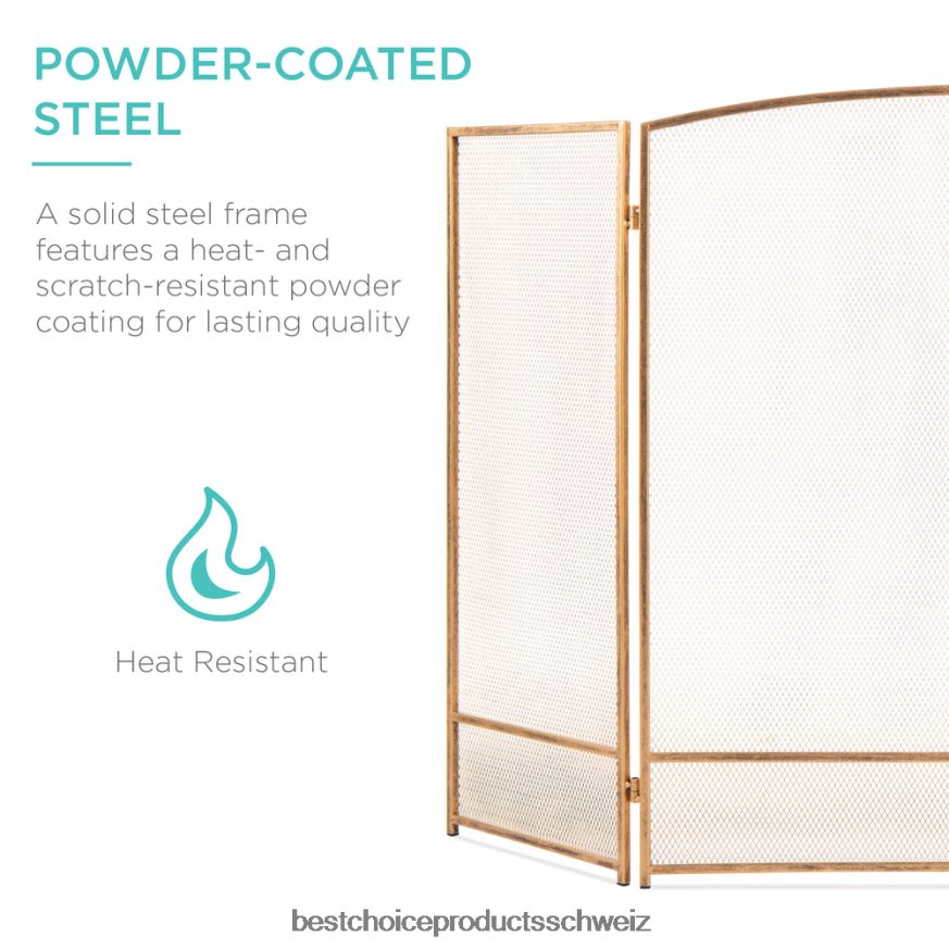 Best Choice Products 3-teiliges, einfaches Kamingitter aus Stahlgeflecht mit abgenutzter Oberfläche antikes Gold 2JD022661