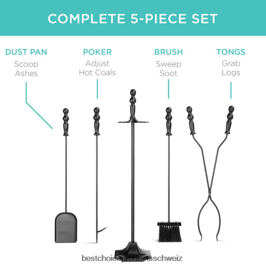 Best Choice Products 5-teiliges rustikales Eisen-Kamin- und Feuerstellen-Werkzeugset für den Innen- und Außenbereich mit Ständer Schwarz 2JD022703