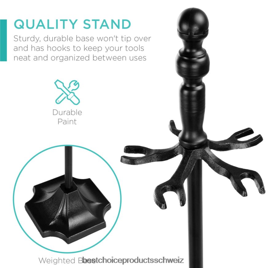 Best Choice Products 5-teiliges rustikales Eisen-Kamin- und Feuerstellen-Werkzeugset für den Innen- und Außenbereich mit Ständer Schwarz 2JD022703