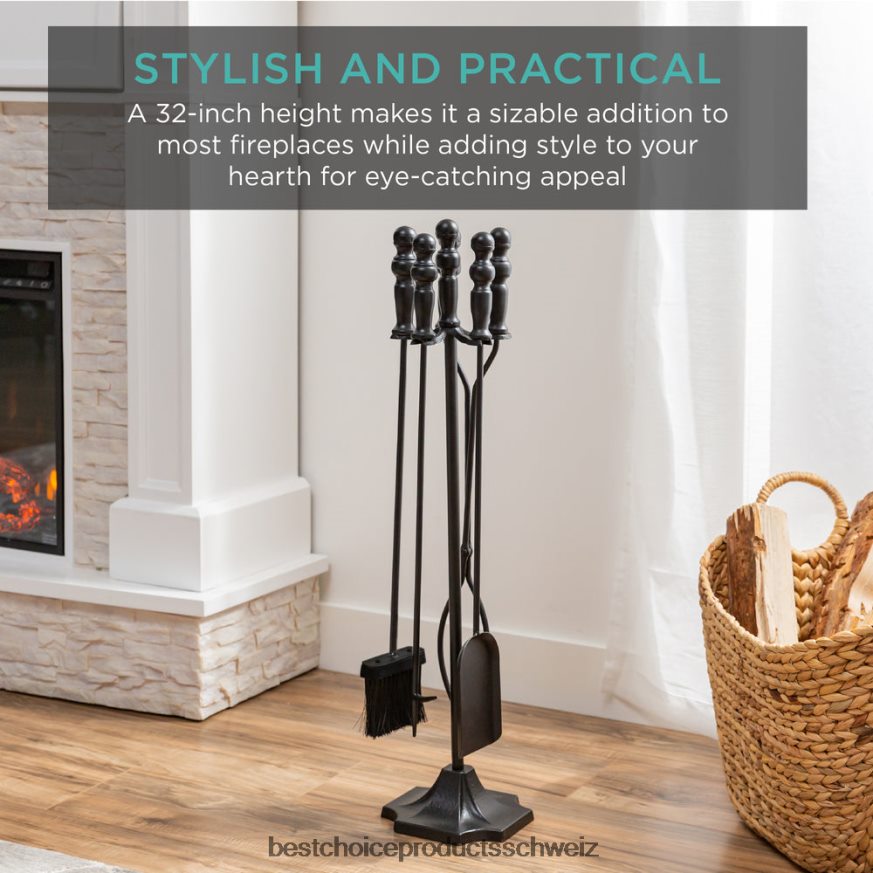 Best Choice Products 5-teiliges rustikales Eisen-Kamin- und Feuerstellen-Werkzeugset für den Innen- und Außenbereich mit Ständer Schwarz 2JD022703