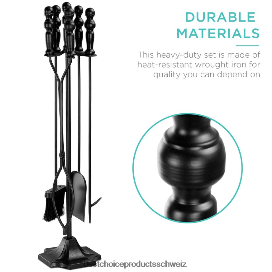 Best Choice Products 5-teiliges rustikales Eisen-Kamin- und Feuerstellen-Werkzeugset für den Innen- und Außenbereich mit Ständer Schwarz 2JD022703