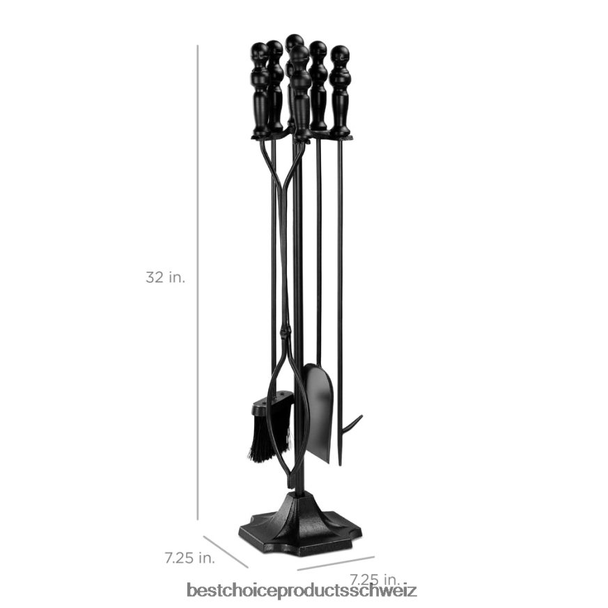 Best Choice Products 5-teiliges rustikales Eisen-Kamin- und Feuerstellen-Werkzeugset für den Innen- und Außenbereich mit Ständer Schwarz 2JD022703