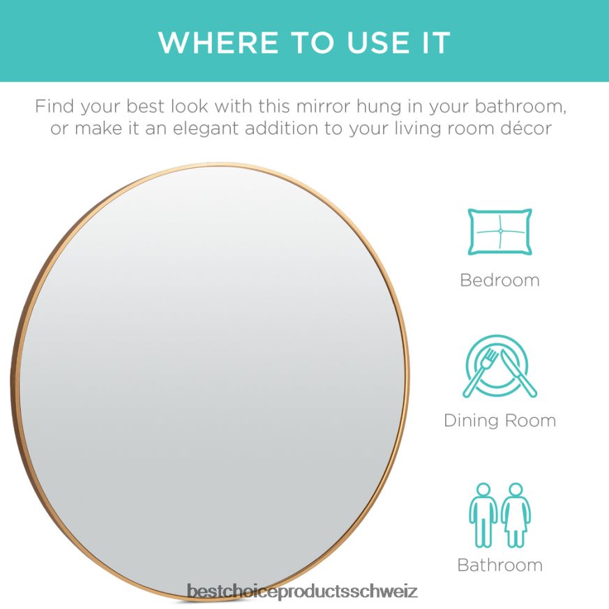 Best Choice Products Gerahmter runder Badezimmerspiegel mit Anti-Strahl-Folie mattes Gold 2JD022388