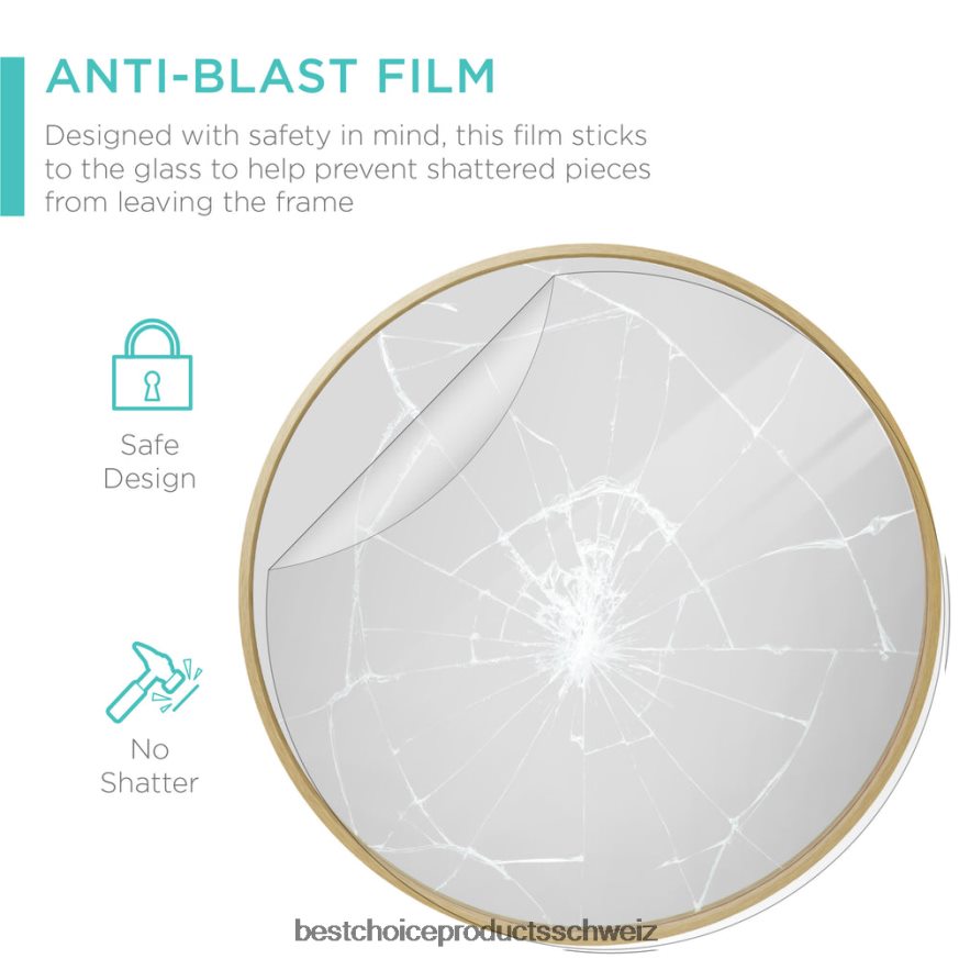 Best Choice Products Gerahmter runder Badezimmerspiegel mit Anti-Strahl-Folie mattes Gold 2JD022388