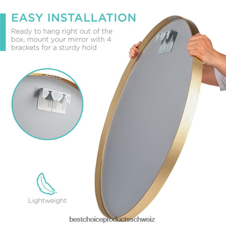 Best Choice Products Gerahmter runder Badezimmerspiegel mit Anti-Strahl-Folie mattes Gold 2JD022388