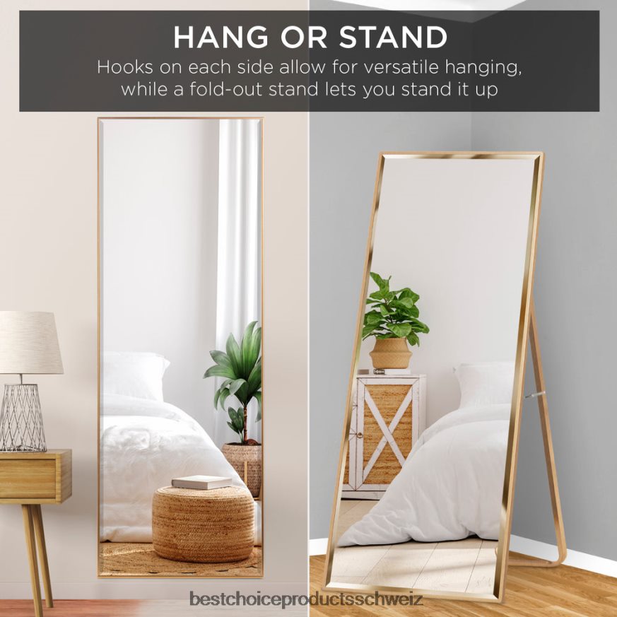 Best Choice Products Großer Ganzkörperspiegel, Wandspiegel und schiefer Bodenspiegel Gold 2JD022651