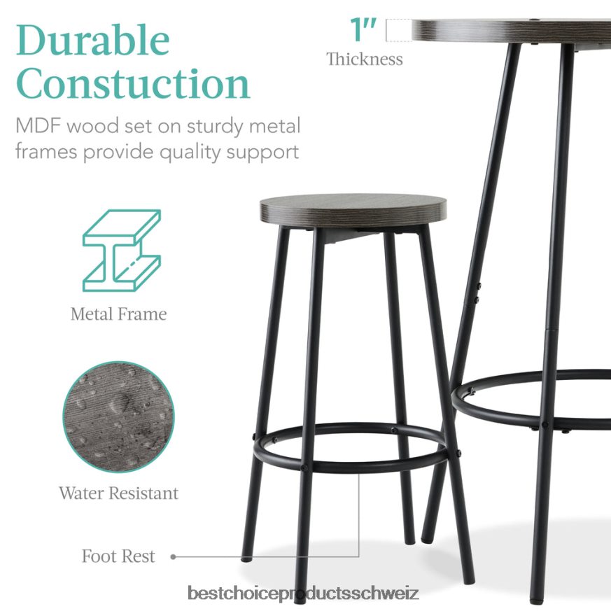 Best Choice Products 3-teiliges Bistro-Set, modernes, rundes Esszimmer-Set in Thekenhöhe mit 2 Hockern dunkelgrau 2JD022676