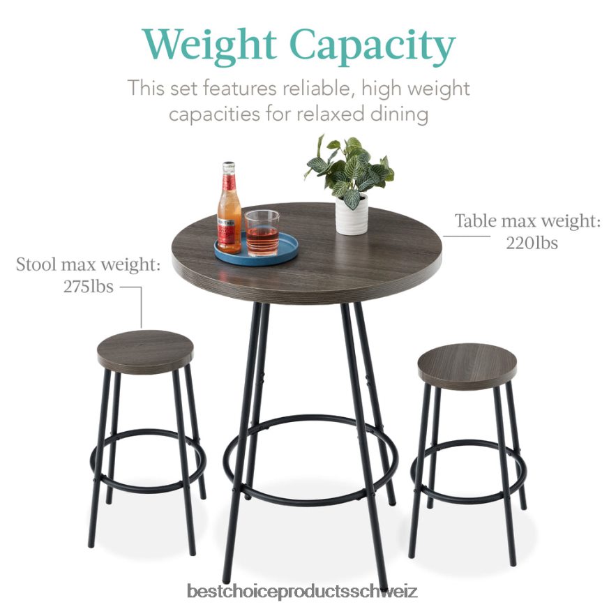 Best Choice Products 3-teiliges Bistro-Set, modernes, rundes Esszimmer-Set in Thekenhöhe mit 2 Hockern dunkelgrau 2JD022676