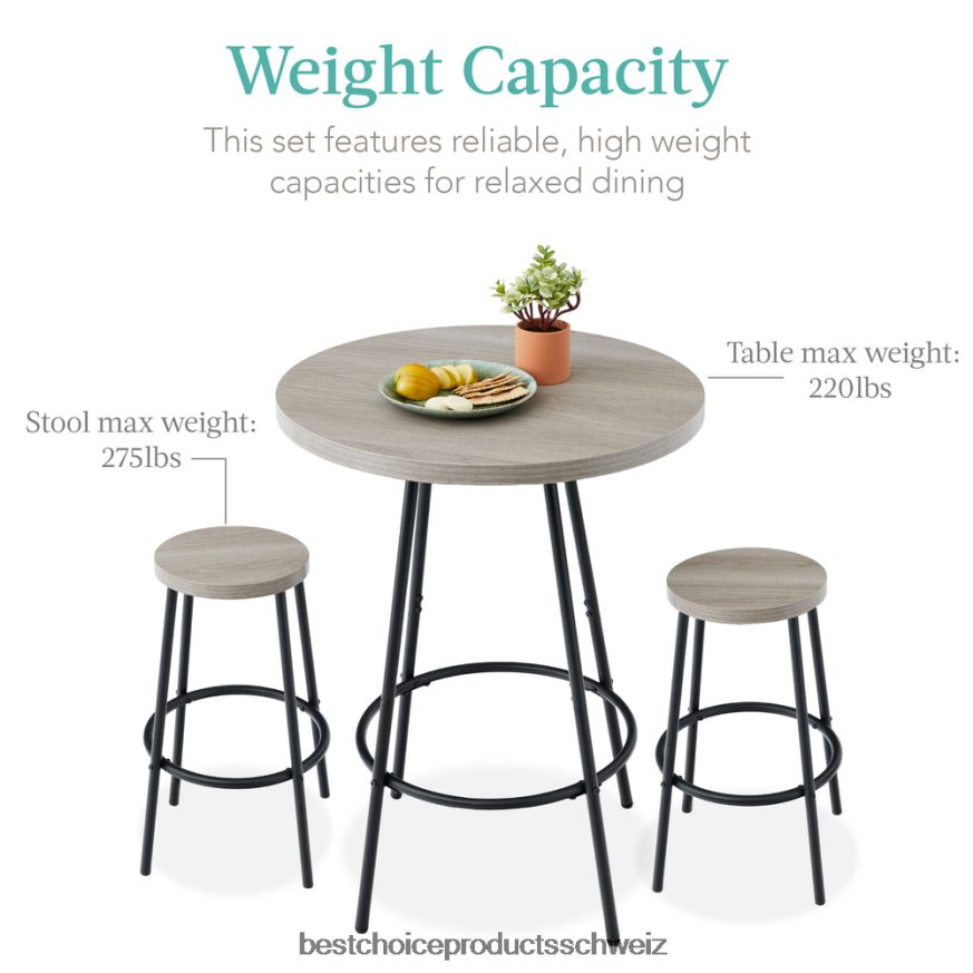 Best Choice Products 3-teiliges Bistro-Set, modernes, rundes Esszimmer-Set in Thekenhöhe mit 2 Hockern hellgrau 2JD022674