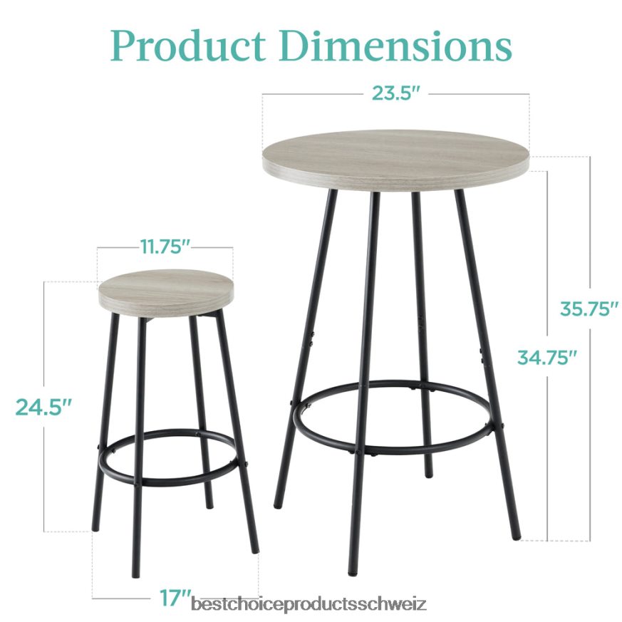 Best Choice Products 3-teiliges Bistro-Set, modernes, rundes Esszimmer-Set in Thekenhöhe mit 2 Hockern hellgrau 2JD022674