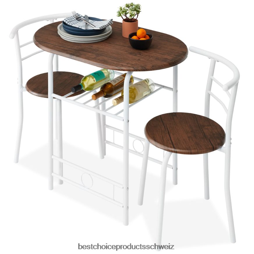 Best Choice Products 3-teiliges Esstisch-Set mit Tisch und Stühlen aus Holz mit unterem Ablagefach Weiss-braun 2JD0221259