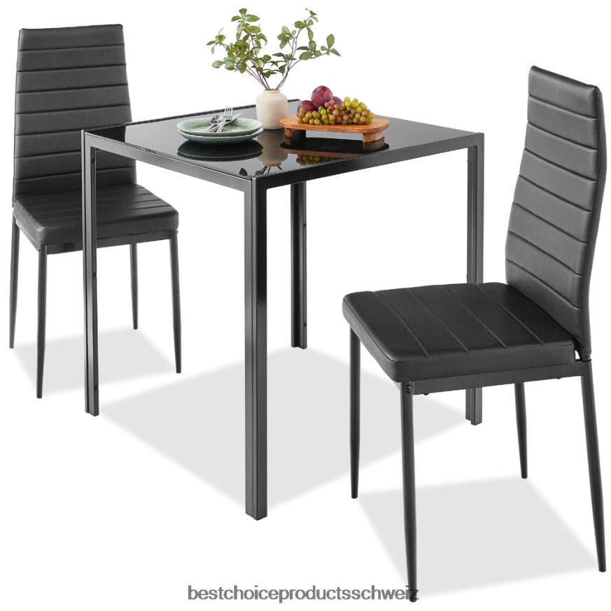 Best Choice Products 3-teiliges Esstischset mit Glasplatte und Lederstühlen Schwarz 2JD022672