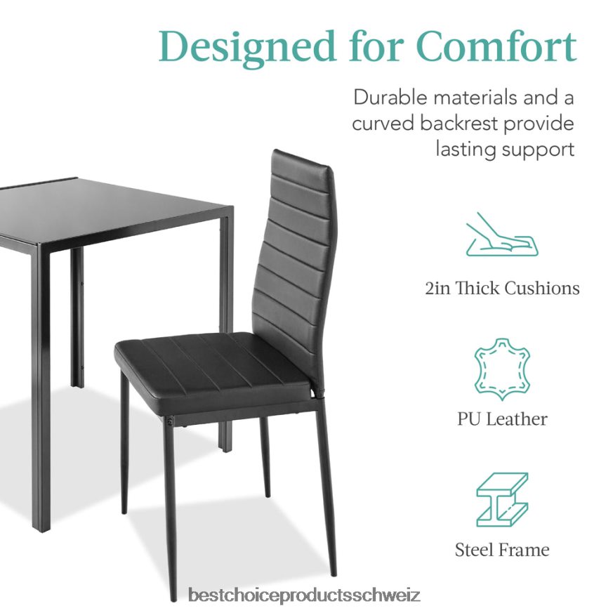 Best Choice Products 3-teiliges Esstischset mit Glasplatte und Lederstühlen Schwarz 2JD022672