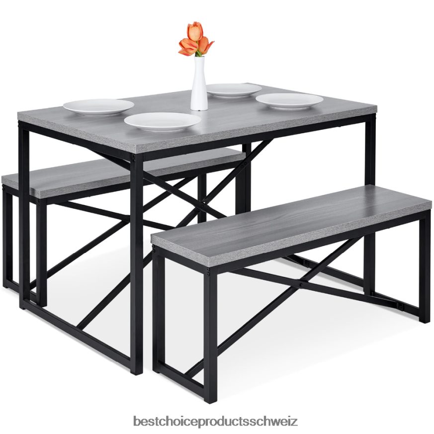 Best Choice Products 3-teiliges Esszimmermöbel-Set im Bankstil mit 2 Bänken und Tisch Grauschwarz 2JD022717