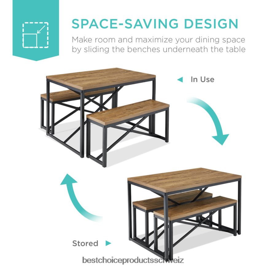 Best Choice Products 3-teiliges Esszimmermöbel-Set im Bankstil mit 2 Bänken und Tisch hellbraun/schwarz 2JD022718