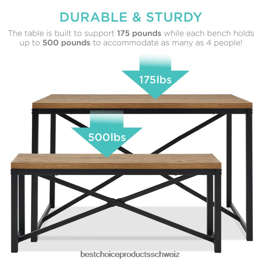 Best Choice Products 3-teiliges Esszimmermöbel-Set im Bankstil mit 2 Bänken und Tisch hellbraun/schwarz 2JD022718