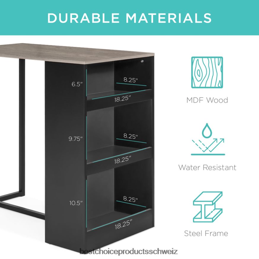 Best Choice Products 3-teiliges Küchen-Esstisch-Set in Thekenhöhe mit Ablagefächern grau 2JD0221223