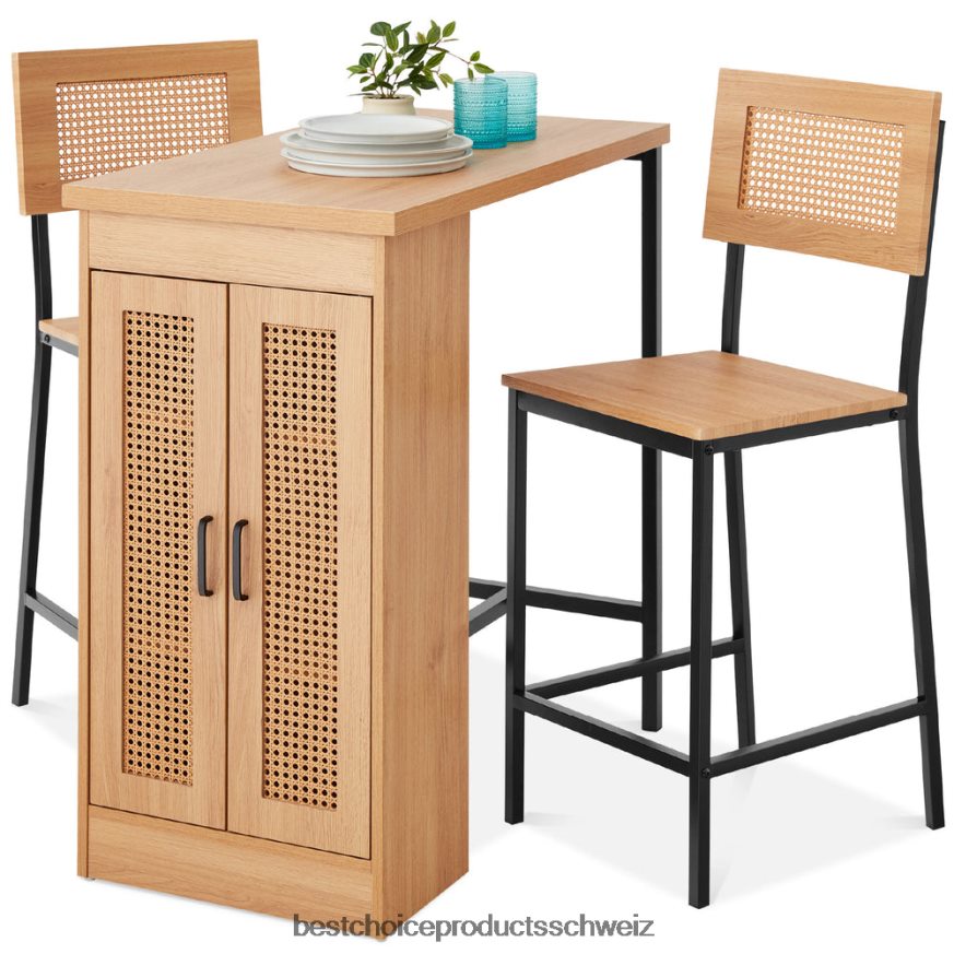 Best Choice Products 3-teiliges Rattan-Küchen-Esstisch-Set in Thekenhöhe mit Ablagefächern natürlich 2JD022391