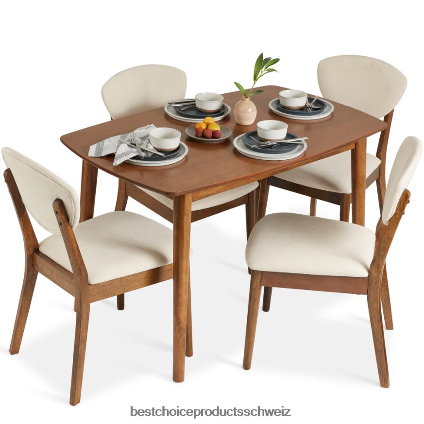 Best Choice Products 5-teiliges Mid-Century-Esszimmer-Set aus Holz mit 4 Stühlen, gepolstertem Sitz und Rückenlehne Braun weiß 2JD022591