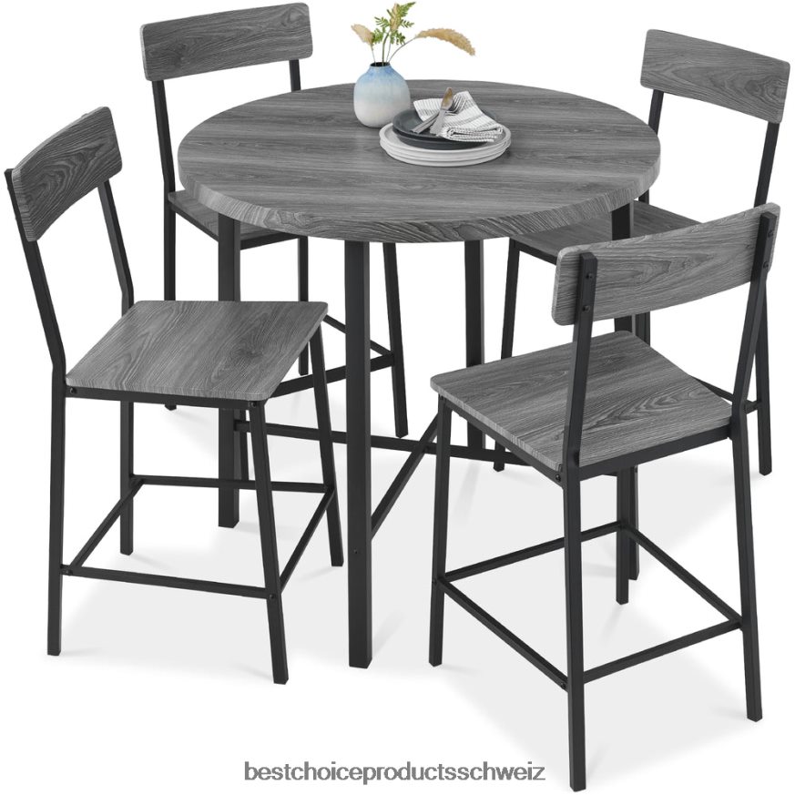 Best Choice Products 5-teiliges, modernes, rundes Esszimmerset in Thekenhöhe mit 4 Stühlen grau 2JD022689