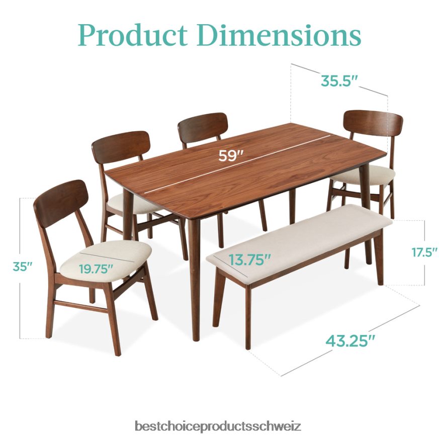Best Choice Products 6-teiliges gepolstertes Esszimmerset aus Holz im Mid-Century-Stil mit 4 Stühlen und Bank Walnuss/Creme 2JD022657