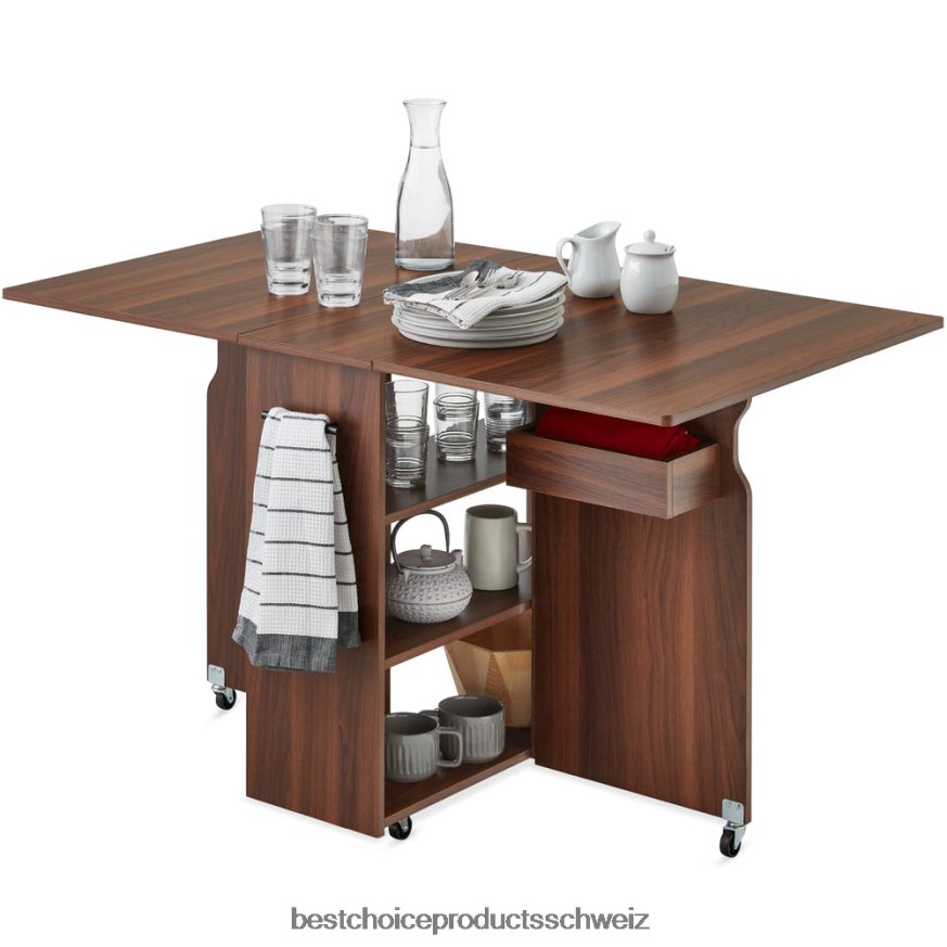 Best Choice Products Mehrzweck-Klapptisch mit Rollen, 3 Ablageflächen, Ablagefach, Griff braun 2JD022699