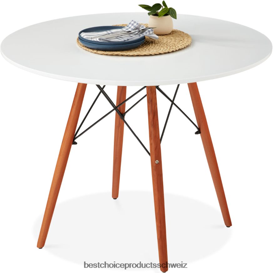 Best Choice Products Runder moderner Esstisch aus der Mitte des Jahrhunderts mit Beinen aus Buchenholz – 35,5 Zoll Weiß 2JD022663