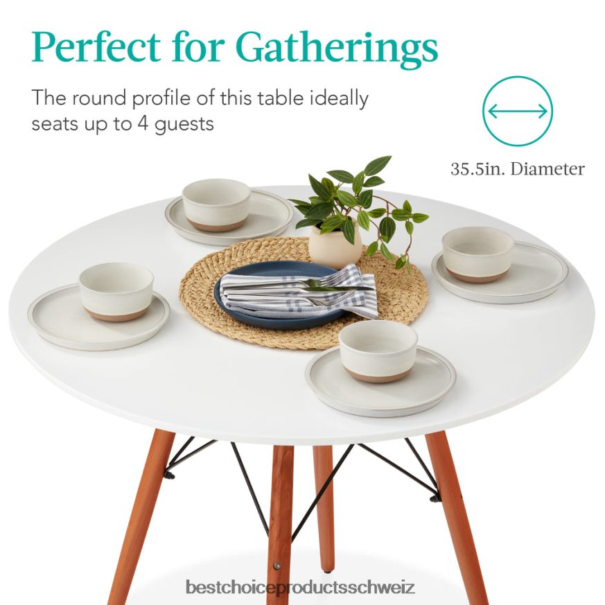 Best Choice Products Runder moderner Esstisch aus der Mitte des Jahrhunderts mit Beinen aus Buchenholz – 35,5 Zoll Weiß 2JD022663