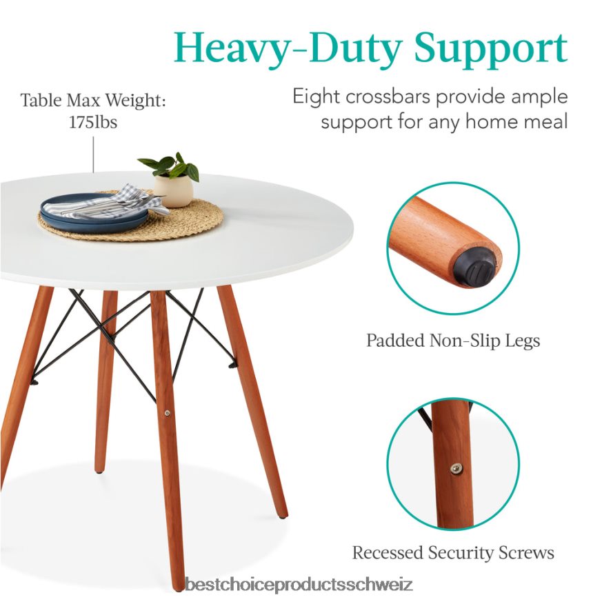 Best Choice Products Runder moderner Esstisch aus der Mitte des Jahrhunderts mit Beinen aus Buchenholz – 35,5 Zoll Weiß 2JD022663