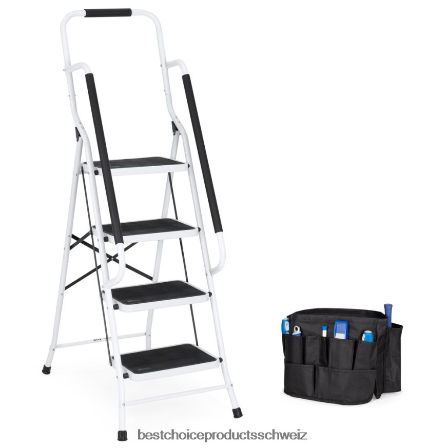 Best Choice Products 4-stufige tragbare Klappleiter mit Handläufen und ansteckbarer Werkzeugtasche Weiß 2JD022357