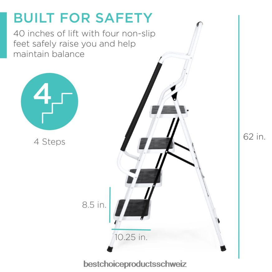 Best Choice Products 4-stufige tragbare Klappleiter mit Handläufen und ansteckbarer Werkzeugtasche Weiß 2JD022357